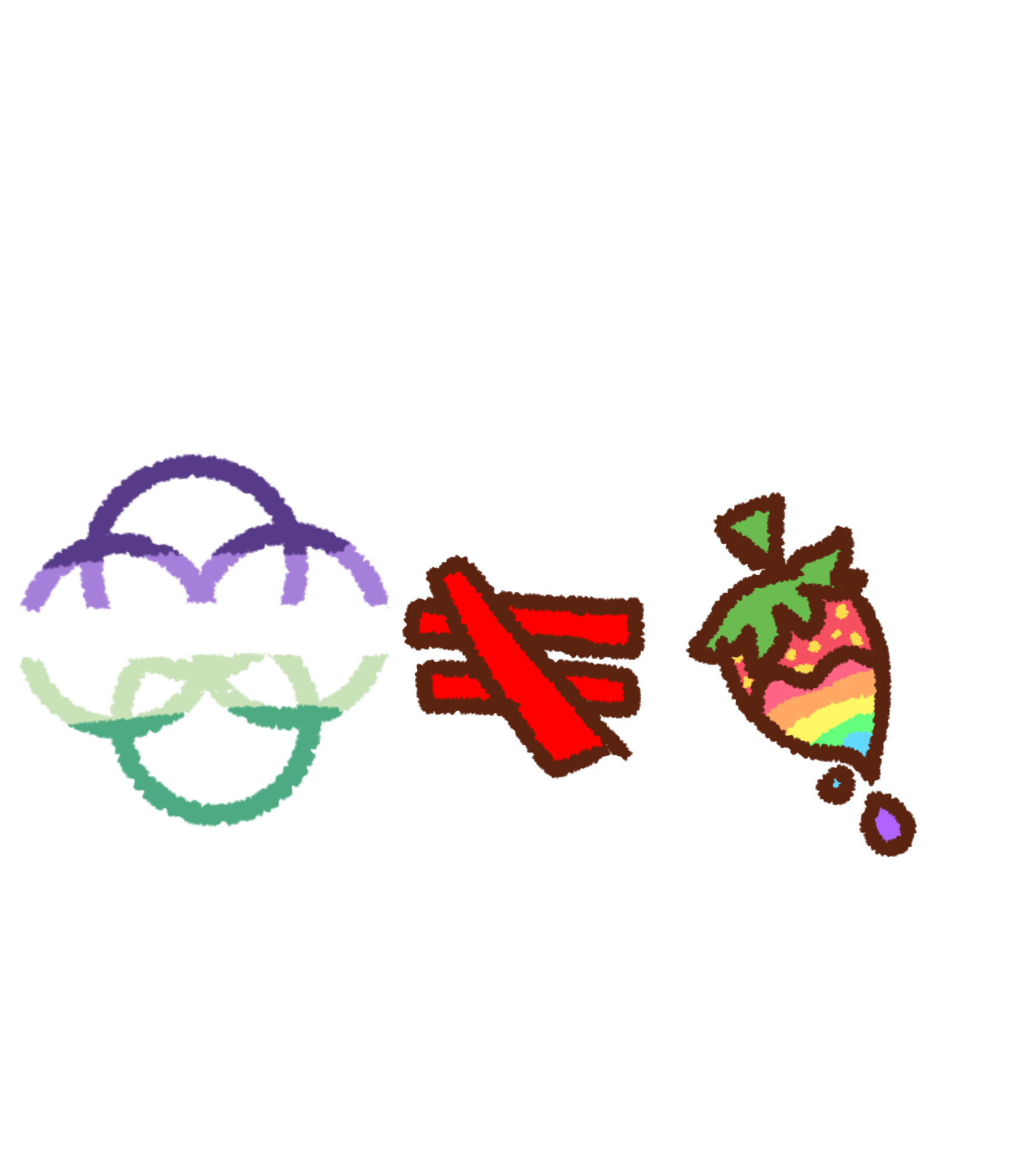  plural rings with the colors of the Endogenic flag and a strawberry dipped in rainbow sauce. There is a red unequals sign between the two
